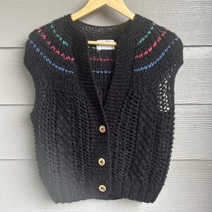 Vintage Tres Elle Vest Women's Size L Black Cable Knit Chunky Cardigan Sweater